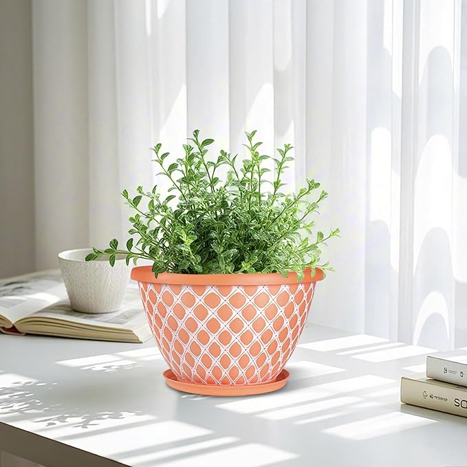 Nooulap 6 Pack 8 Inch Plant Pot, Flower Pots for Indoor Outdoor, Durable Decorative Planters for House Garden Plants Herbs Flowers Succulents, Orange and White Checkered Design