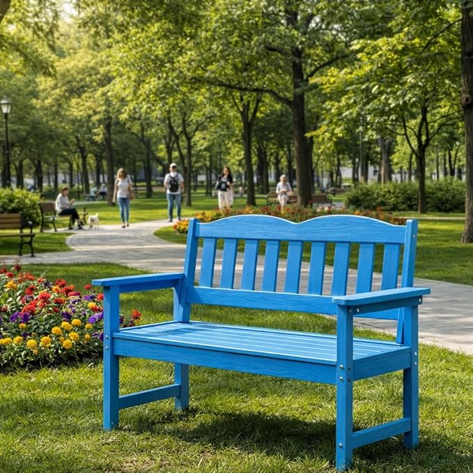 GarveeLife 2-Person Poly Lumber Garden Bench, Slatted Patio Loveseat, Weather-Resistant Outdoor Seating for Yard, Garden, Porch, Park or Backyard, Blue