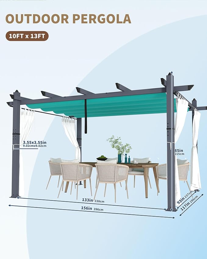 KYBOLT 10x13 Ft Outdoor Pergola with Retractable Canopy & Side Mesh Screen Patio Gazebo for Garden Backyard Deck Grape Trellis(Blue+White)