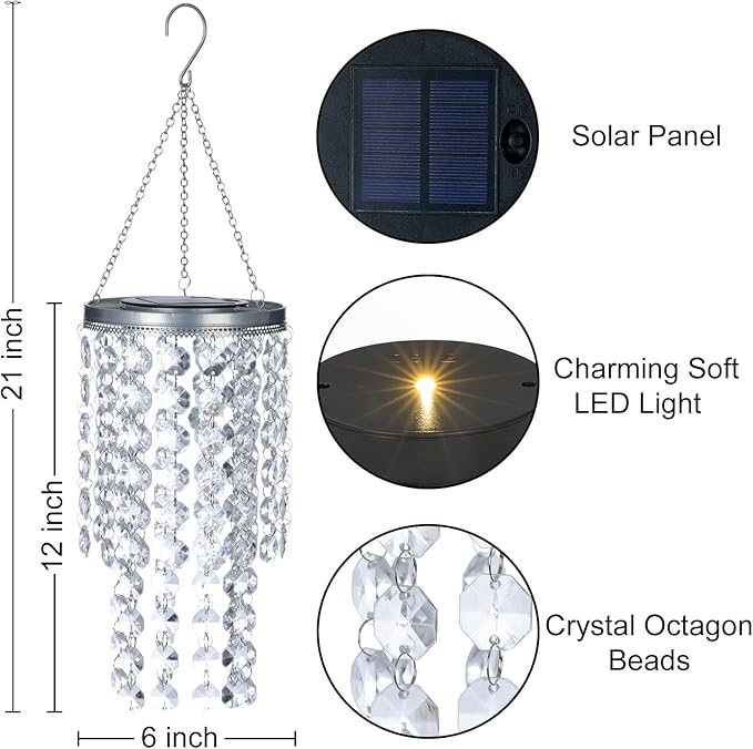 Hanging Solar Lantern Outdoor, 2 Tiers 21” Solar Transparent Acrylic Beaded Chandelier with Warm White LED S Hooks for Garden Yard Patio Gazebo Outside Decor