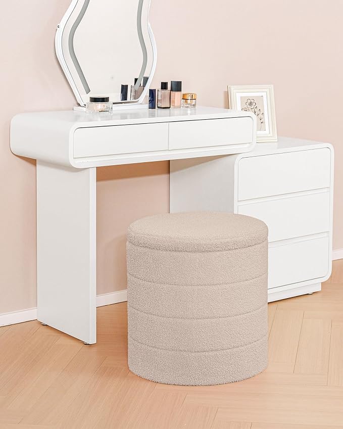 B FSOBEIIALEO Folding Storage Ottoman, Round Sherpa Ottomans, Beige