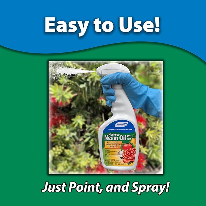 Monterey Neem Oil RTU – 32oz Fungicide/Insecticide/Miticide – Controls Black Spot, Powdery Mildew, Rust, Spider Mites, Aphids, and More – Bunded with Garden Measure Spoon