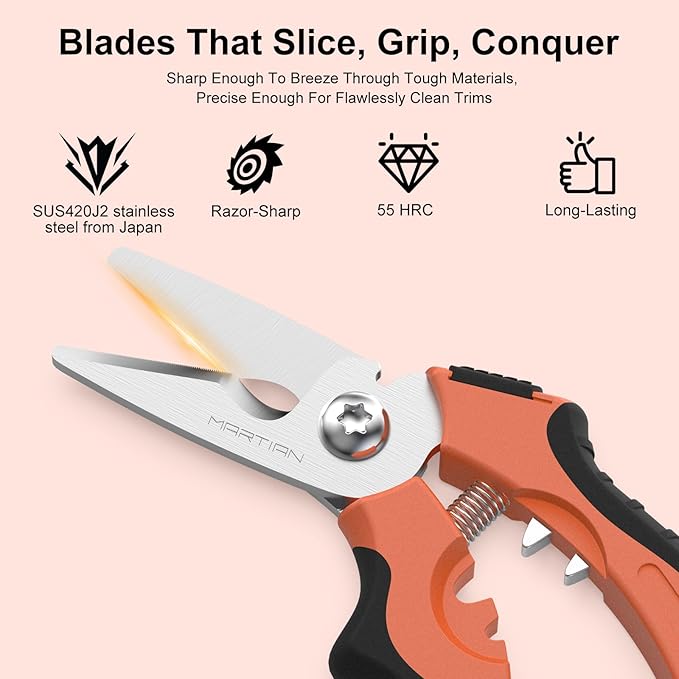 7" Heavy-Duty Multipurpose Gravity Shears – Japanese SUS420J2 Stainless Steel Micro-Serrated Blades, Ergonomic Grip for Gardening, Crafting & Studio Tasks | Safety Lock, Ambidextrous Design (Curved)