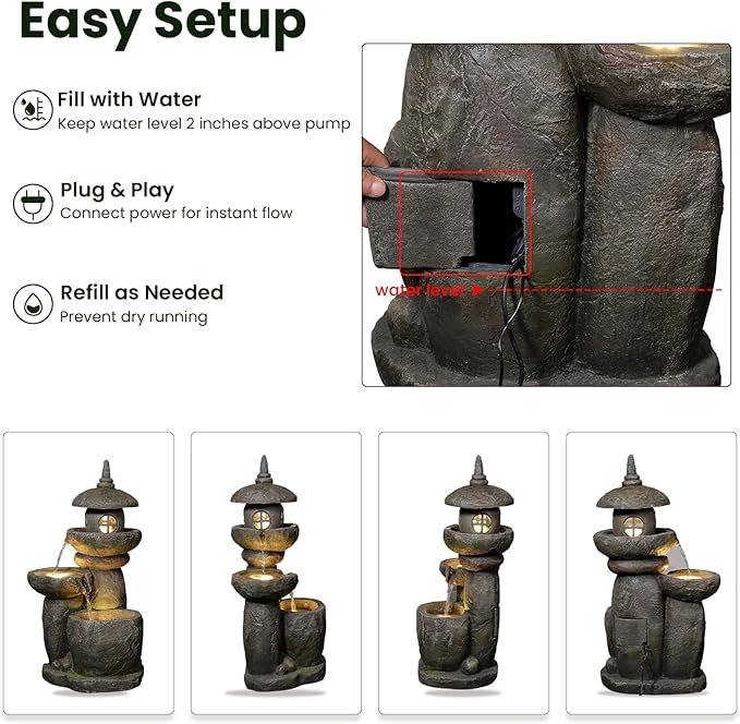 Tankana 32 inches Water Fountain Outdoor Pagoda Japaness Zen Water Fountains Garden Patio Freestanding Water Feature with LED Lights for Backyard Deck Porch Home Decor, Gray