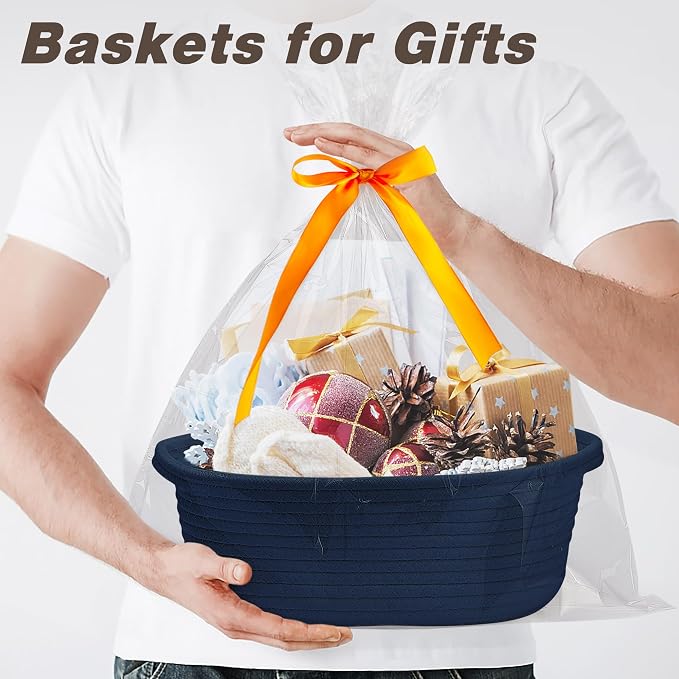 Pro Goleem Small Woven Basket with Gift Bags and Ribbons Durable Baskets for Gifts Empty Small Rope Basket for Storage 12"X 8" X 5" Baby Toy Baskets with Handles, Navy Blue
