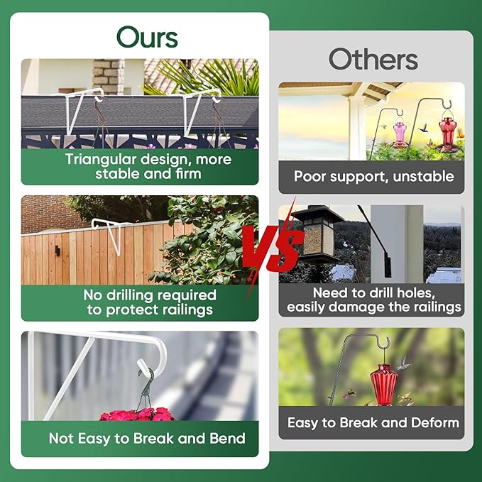4 Pack Vinyl Fence Hooks, Heavy Duty Durable White Fence Plant Hangers for Outdoor, Over The Fence Hooks, Patio Hooks for Hanging Plants, Flower Baskets, Bird feeders, Lights, Pool Equipment