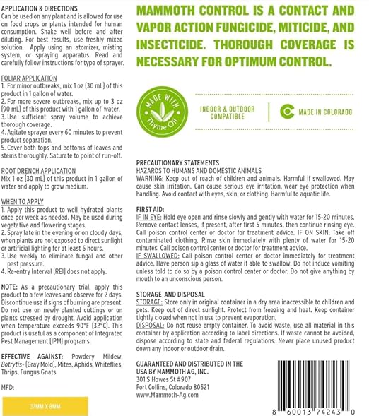 Mammoth Control - Concentrated Miticide, Fungicide and Insecticide - Made with Thyme Oil (500 ml)