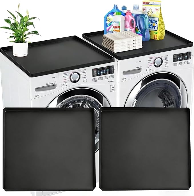 2-Pack Washer Dryer Top Protector Mat 24"x24" – Anti-Vibration Anti-Slip Washing Machine Cover, Raised Edge Waterproof Pad, Shock-Absorbing Silicone Mat for Laundry Basket & Detergent Organizer