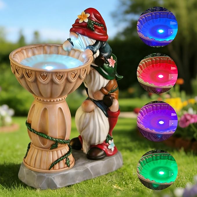 Sheaifun Garden Gnomes Outdoor Gnomes Garden Decorations for Yard Colorful Lights Resin Solar Outdoor Statues with Bird Bath Feeder Outside Lawn Patio Housewarming Gifts 6.25 * 4.25 * 9.25 Inch