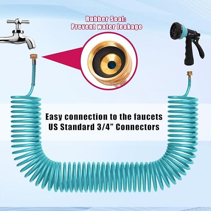 AUTOMAN Coil Garden Hose 50 ft, EVA Curly Water Hose with Brass Connectors, Recoil Garden Water Hose,Includes 7-Pattern Function Sprayer,Retractable,Corrosion Resistant Garden Coil Hose.