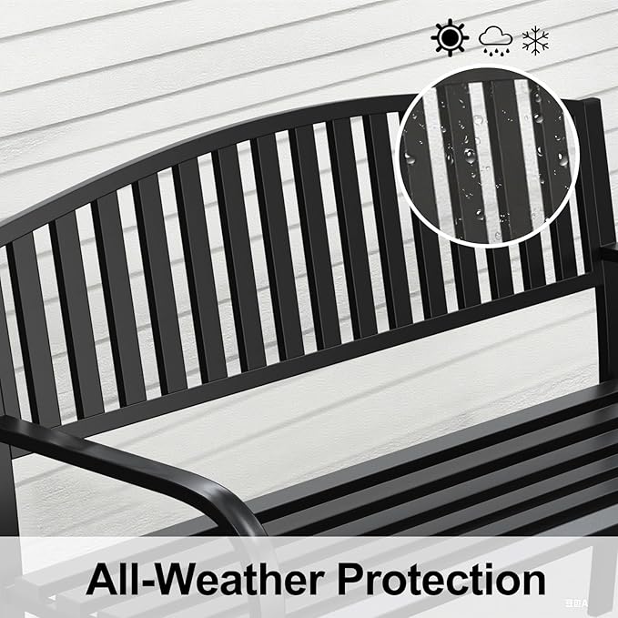 50" Heavy Duty Outdoor Bench, Metal Weatherproof Garden Bench Cast Iron Heavy-Duty Patio Bench with Decorative Backrest for Proch Park 880lb Capacity