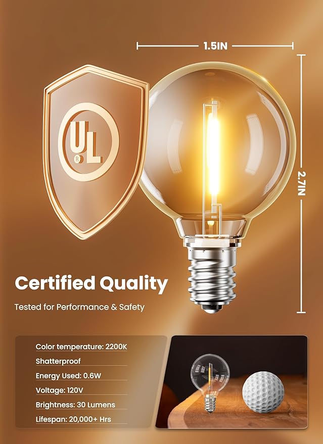Brightown 25 Pack G40 LED Replacement Bulbs, E12 Base, 2200K Warm White, Shatterproof Waterproof Dimmable 1.5 Inch Globe Bulbs for Indoor & Outdoor Patio Backyard Home Lighting
