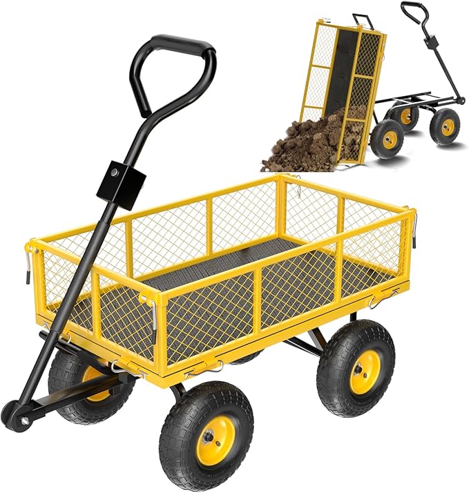 VINGLI Heavy Duty 900 LBS Mesh Steel Garden Cart, Dump Detachable Utility Wheelbarrow, Yard and Garden Wagon Cart with Removable Sides and 10 Inch Wheels(Yellow)
