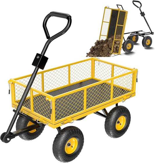 VINGLI Heavy Duty 900 LBS Mesh Steel Garden Cart, Dump Detachable Utility Wheelbarrow, Yard and Garden Wagon Cart with Removable Sides and 10 Inch Wheels(Yellow)