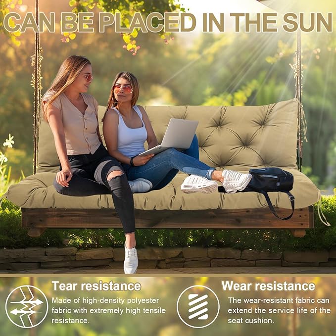 Premium 5" Thick Waterproof Porch Swing Cushions Sturdy Durable 2-3 Seat Replacement Outdoor Swing Cushions with Backrest&Ties Bench Cushion for Outdoor Furniture Backyard Patio Garden (Khaki)