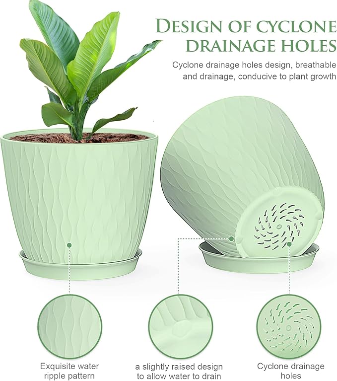 WSMKSZ 6 inch Flower Pots, 5 Pack Plant Pots with Drainage Holes and Saucers for Indoor Plants, Plastic Planters with Water Ripple for Small Garden House Plants, Nursery Pots for Succulent, Colorful