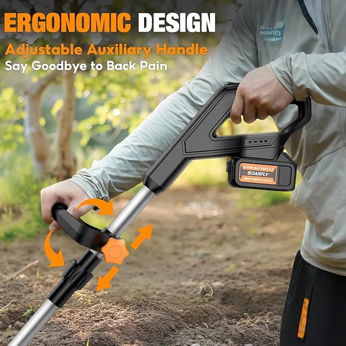 SOARFLY Upgraded Cordless Tiller for Gardening with Dual 4.0Ah Batteries, 48 Steel Tines Battery Rototiller, 9" Width 6.6" Depth Garden Tiller Cultivator for Soil, Tending & Composting (Orange)