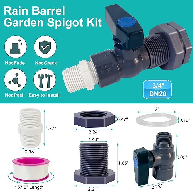 PVC Spigot Kit Rain Barrel Faucet Kit 3/4 inch Rain Barrel Valve with Bulkhead Fitting Adapter,PTFE,PVC Hose Adapter for Water Tanks,Aquariums,Tubs,Pools,Garden Barrels 1 Pack