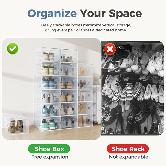 DUMOS Shoe Storage Boxes, 15 Pack Stackable Clear Shoe Containers with Lids, Display Sneaker Case Organizer for Closet, Under Bed, Entryway,White, Fit Size 11