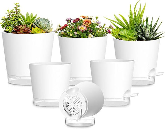 Plant Pots 4/5/5.5/6/6.5/7 Inch Self Watering Pots, 6 Pack Plastic Planters with Drainage Holes and Clear Saucers,Plastic Flower Pots,Nursery Planting Pot for Indoor Out Door Plants(White)