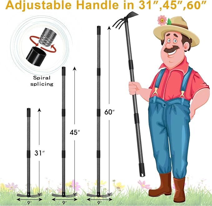 Lilyvane Garden Hoe, 2 in 1 Hand Hoe Garden Tools,60 Inch Long Handle,Garden Hoe and Cultivator for Weeding Cultivating Planting, Small Hand Rake Tiller for Flower Bed Gardening, Loosening Soil