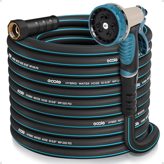 Heavy Duty Garden Hose 75 ft, NON-EXPANDABLE Water Hose with 10 Function Spray Nozzle, Lightweight Kink-less Hybrid Hose with Swivel Handle, Male to Female Fittings