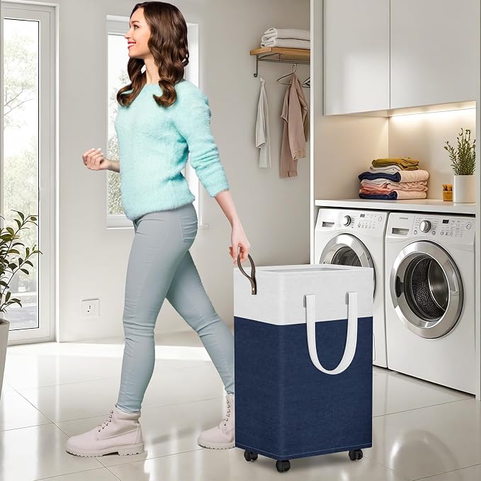 HomeHacks 90L Rolling Laundry Basket with 4 Wheels Collapsible Blue | 4 Wheels, Waterproof PEVA Lining, Cotton Flax Fabric, Metal Frame, Bathroom Laundry Room Dorm Storage, Space-Saving Design