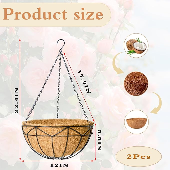 2 Pack 12" Round Metal Hanging Basket for Outdoor Plants Durable Large Hanging Planter with Coco Coir Round Plant Holders Planter for Outside Garden Decoration (Geometric)