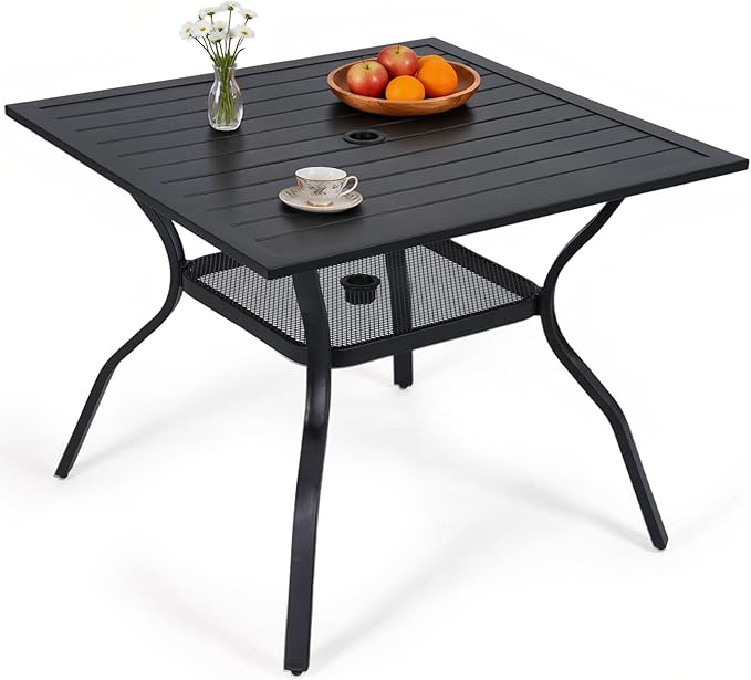 37" Outdoor Dining Table for 4 Person, Metal Rectangular Steel Slat Square Patio Dining Table with Adjustable Umbrella Hole for Garden, Partitioned Storage Rack, Backyard and Porch, Black