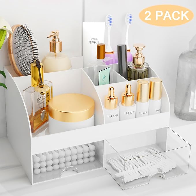 Makeup Organizer with Drawers, Cosmetic Storage for Dresser Vanity and Bathroom Countertop, Beauty Holder for Lipstick Brush, Skincare Organizer for Vanity, Cosmetic Display Case (White-2P)