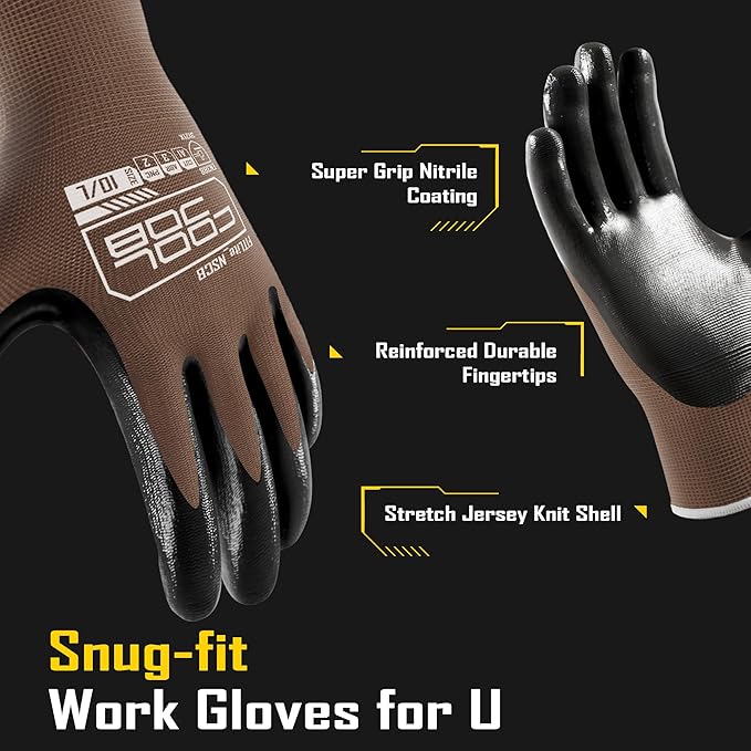 COOLJOB 10 Pairs Nitrile Dipped Safety Work Gloves with Grip, Non-slip Rubber Coated Bulk Garden Gloves for Men, Heavy-duty Oil Resistant for Truck Driver, Warehouse Box Handler, Large, Black Camel