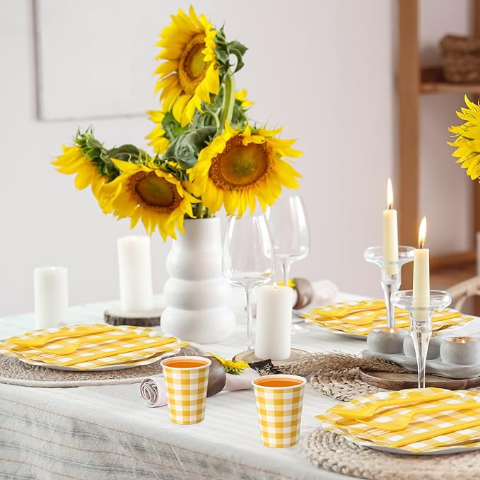 Funnymoom 400 Pcs Gingham Party Supplies for 50 Guests Yellow and White Paper Plates and Napkins Knives Spoon Fork Cup Disposable Checkered Dinner Party Set Cutlery for Baby Shower Wedding Favor