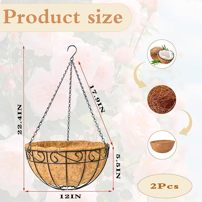 2 Pack 12" Round Metal Hanging Basket for Outdoor Plants Durable Large Hanging Planter with Coco Coir Round Plant Holders Planter for Outside Garden Decoration (Flower Border)