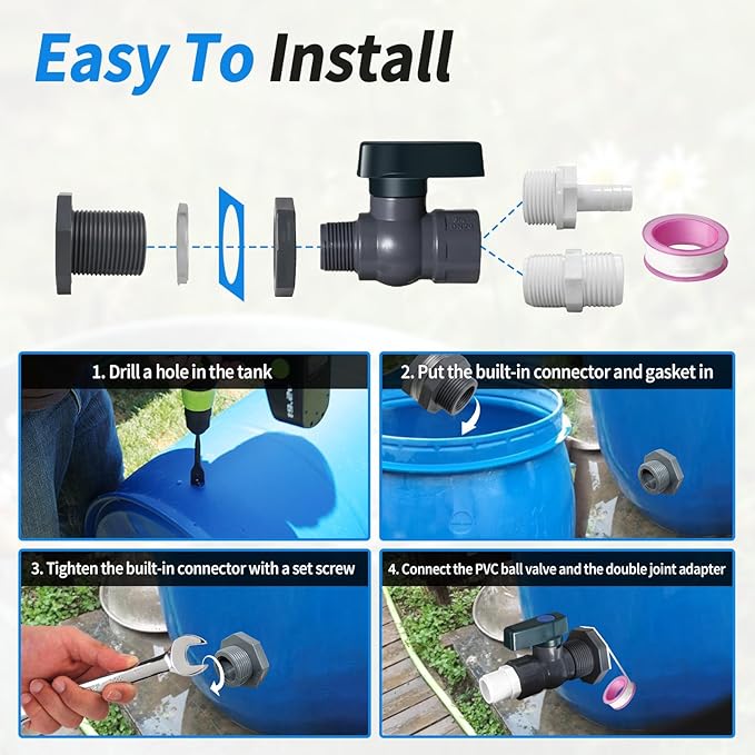Rain Barrel Spigot Kit with PVC Bulkhead Fitting Adapter, 3/4" Rain Barrel Valve Diverter Kit for Water Tanks, Garden Barrels (2 Pack)