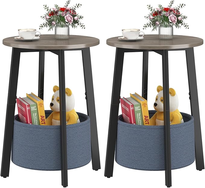 sthmec Small Round Side End Table Set of 2 with Cloth Storage Basket, Round Bedside Sofa Couch Coffee Tables for Small Places with Metal Frame, Modern Nighstands for Living Room Bedroom,Grey