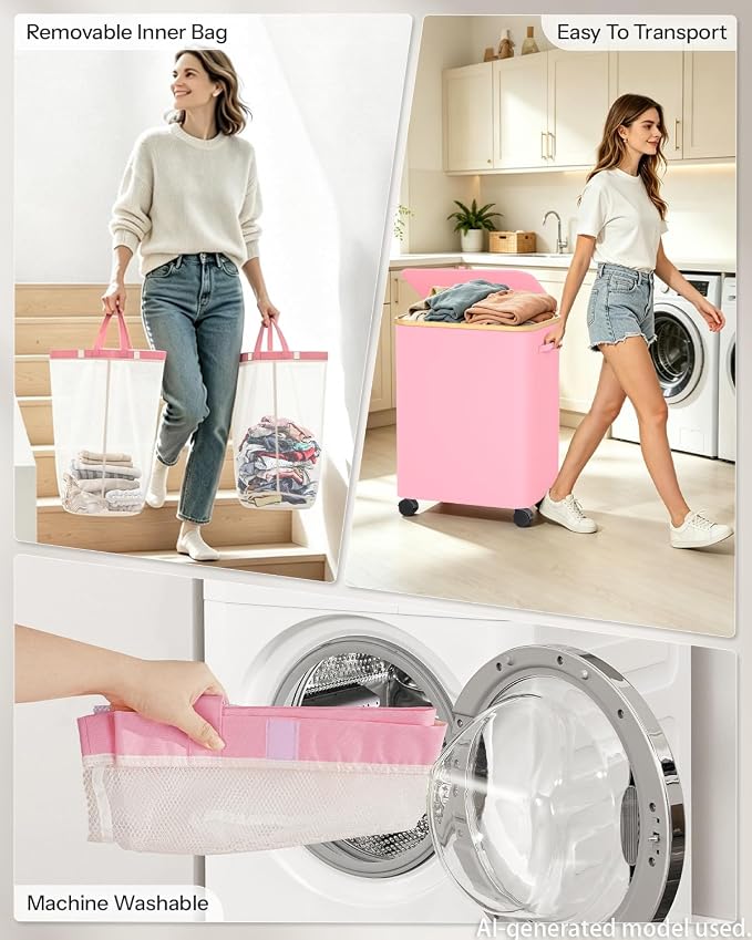 Double Laundry Basket with Wheels and Lid, 150L Clothes Hampers for Laundry