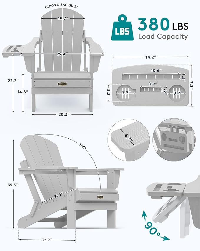 SERWALL Foldable Adirondack Chair Set of 2, HIPS Adirondack Chairs with 4 in 1 Cup Holder, Weather Resistant Fire Pit Chairs for Outdoor, Patio, Garden, Lawn, Backyard - Space Grey