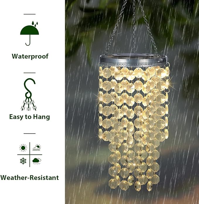Hanging Solar Lantern Outdoor, 2 Tiers 21” Solar Transparent Acrylic Beaded Chandelier with Warm White LED S Hooks for Garden Yard Patio Gazebo Outside Decor