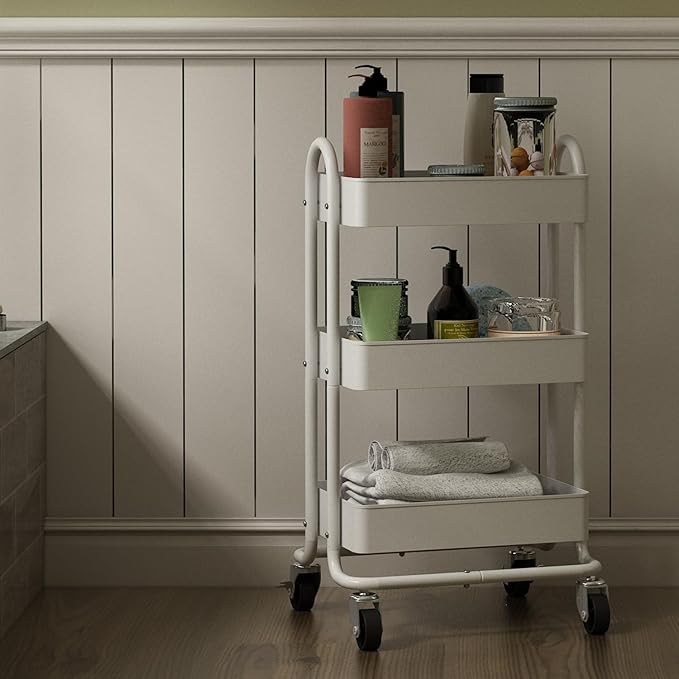 Metal Rolling Cart,3-Tier Metal Rolling Cart with Wheels,3 Tier Utility Cart with Wheels for Office,Home,Kitchen,Garden（13.4"x18.1"x31"） White