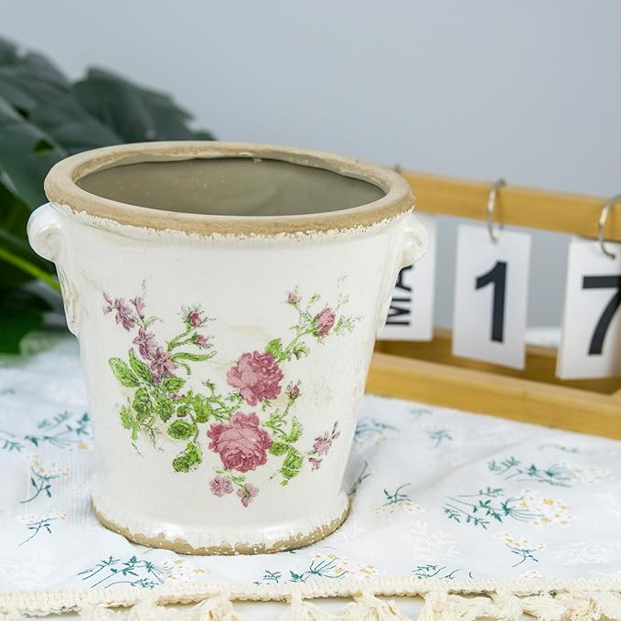 Dosayes Vintage Ceramic Flower Pot with Drainage Holes and Handle,Ice Crack Country Rustic Planters for Indoor Outdoor,Tuscan Decor,Home and Garden Decor,Gardening Present