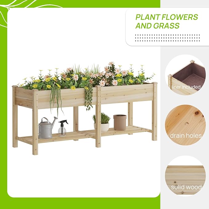 Raised Garden Bed with Legs, Wooden Planter Box with Storage Shelf, Elevated Wood Planter Box for Vegetables Flowers Herbs, Garden Planter for Backyard, Patio, Balcony, 72x24x30.7inch (Natural, L)