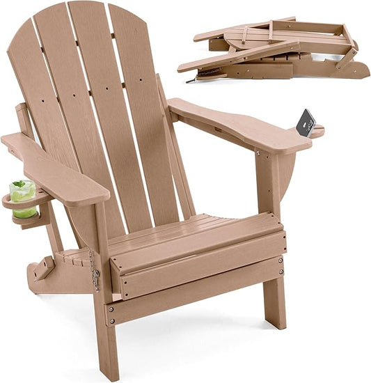 Folding Adirondack Chair, HDPE Outdoor Texture Lawn Chair with Reclining Back, Cup and Phone Holder - Comfortable Firepit Chair Weather Resistant for Patio or Backyard (Brown, Set of 1)