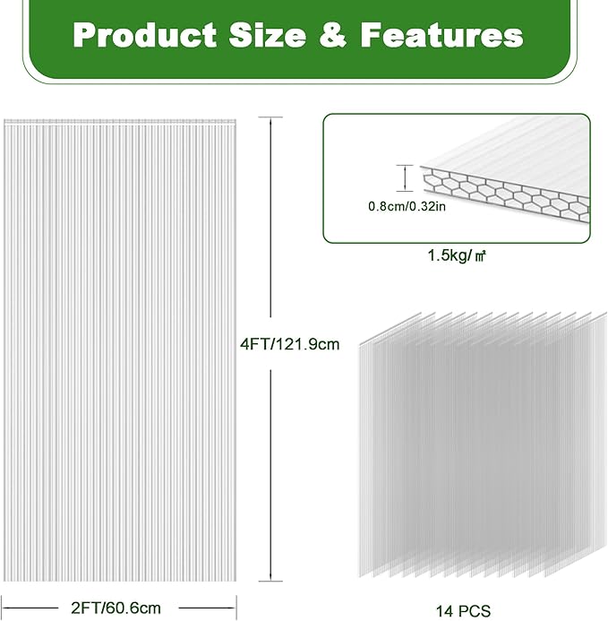 Quibbay 6PCS Polycarbonate Greenhouse Panels, 4' x 2' x 0.32'' Three-layer Honeycomb Panels Polycarbonate Sheet, Clear Waterproof UV Protected Corrugated Plastic Roof Panels for Greenhouse Replacement