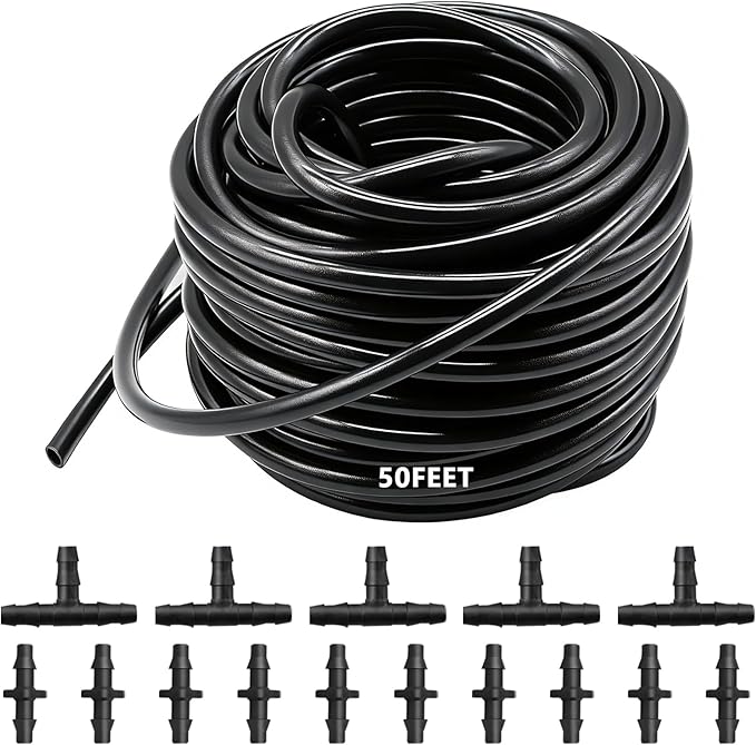 50FT 1/4" Blank Distribution Tubing Drip Irrigation Tubing Drip Irrigation Hose, Garden Watering Tube Line with 15PCS Drip Irrigation Barbed Connectors for Garden Irrigation System