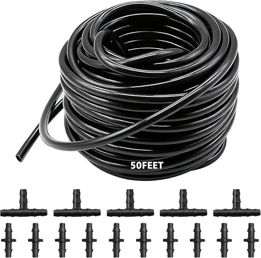 50FT 1/4" Blank Distribution Tubing Drip Irrigation Tubing Drip Irrigation Hose, Garden Watering Tube Line with 15PCS Drip Irrigation Barbed Connectors for Garden Irrigation System