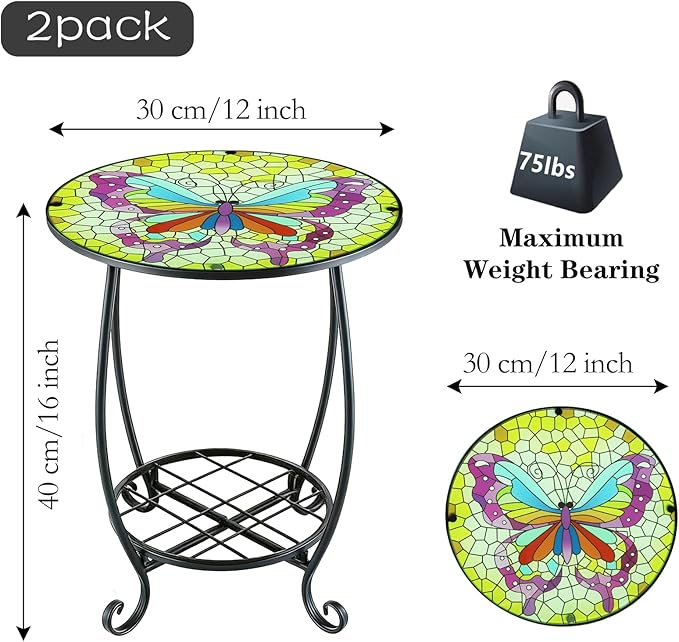 Arbuxzuy 2pcs Small Outdoor Side Table with Colorful Butterfly, Glass Mosaic Patio Table Indoor, Round Plant Coffee Table for Living Room, Balcony, Garden（Butterfly Style）