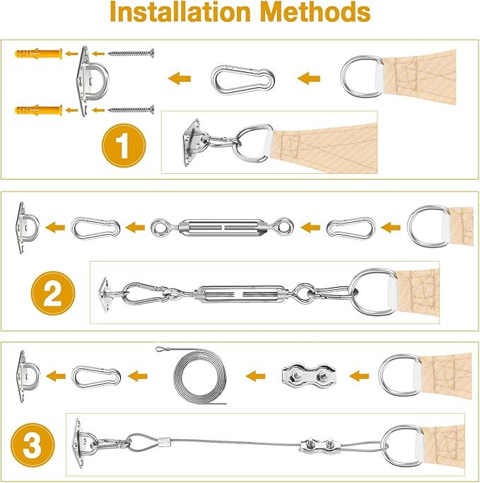 Duerer Sun Shade Sail Hardware Kit 52pcs for Rectangle Triangle Sun Shade Sails Canopy Installation 304 Stainless Steel Accessories Set for Outdoor Garden Patio(6" M6 Turnbuckles+ 4*6.6ft Cables Wire)