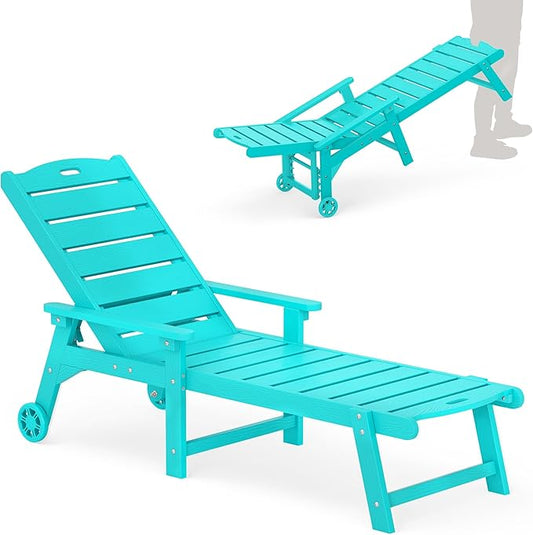LUE BONA Outdoor Chaise Lounge, HDPS Chaise Lounger, 5 Positions Adjustable Lounge Chairs, Pool Lounge Chair with Wheels for Poolside, Backyard, Aruba Blue