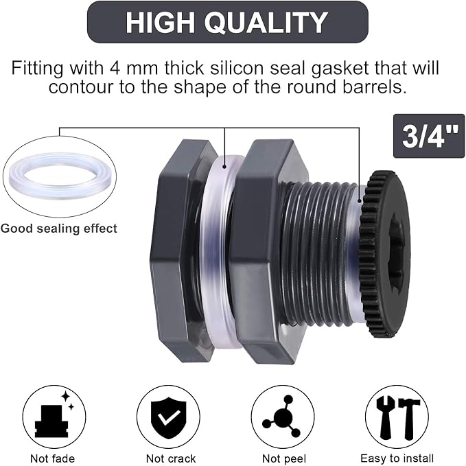 Outus 2 Pieces PVC Bulkhead Fitting with Plugs for Rain Barrels, Aquariums, Water Tanks, Tubs, Pools (3/4 Inch+4 mm Thick Silicon Seal Gaskett,Dark Grey)