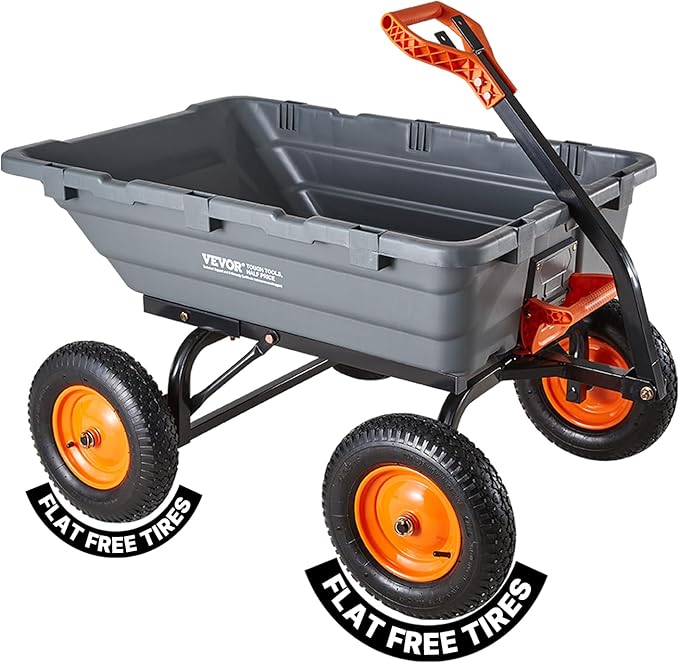 VEVOR 10 Cu.Ft 1500LBS Poly Garden Cart Dump Wagon, Heavy Duty Wheelbarrow with Convertible Handle and 16" Flat Free Tires, Outdoor Yard Wagon ATV Trailer Dump Cart Tow Behind for Lawn Mower Tractor